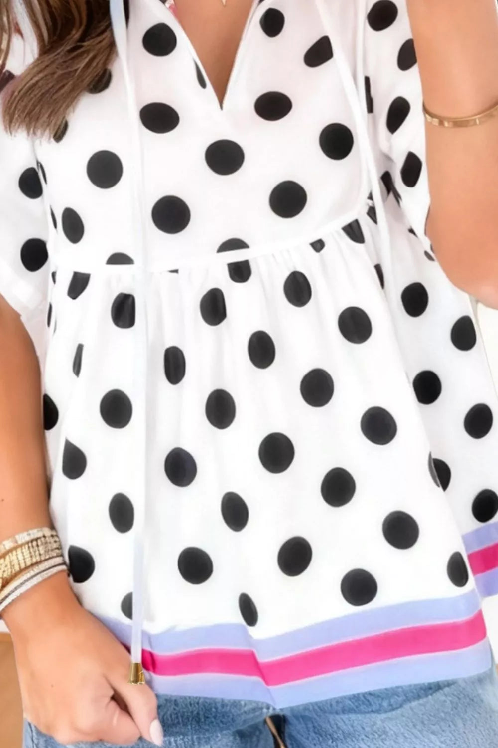 Polka Dot Print Tie-Neck Blouse