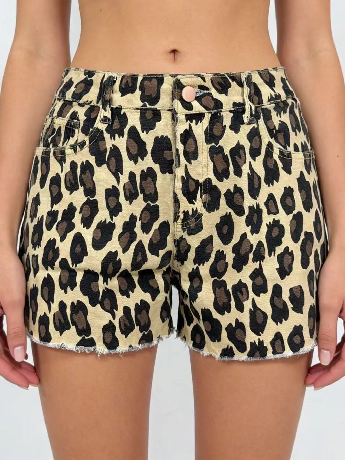 Leopard Print High-Waisted Denim Shorts
