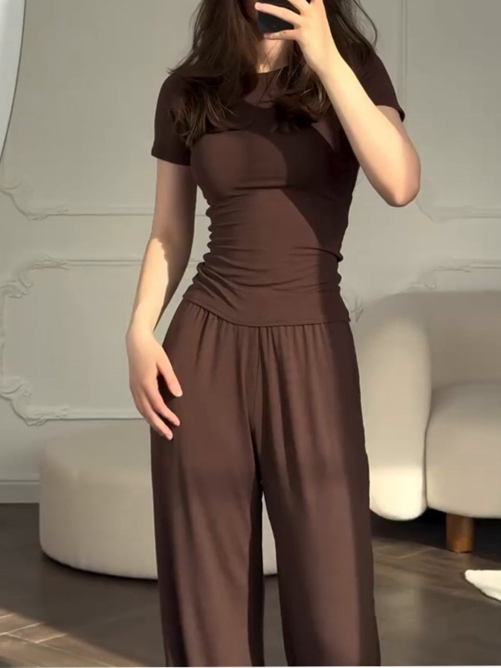 Full Size Round Neck Top and Wide Leg Pants Set Plus Size