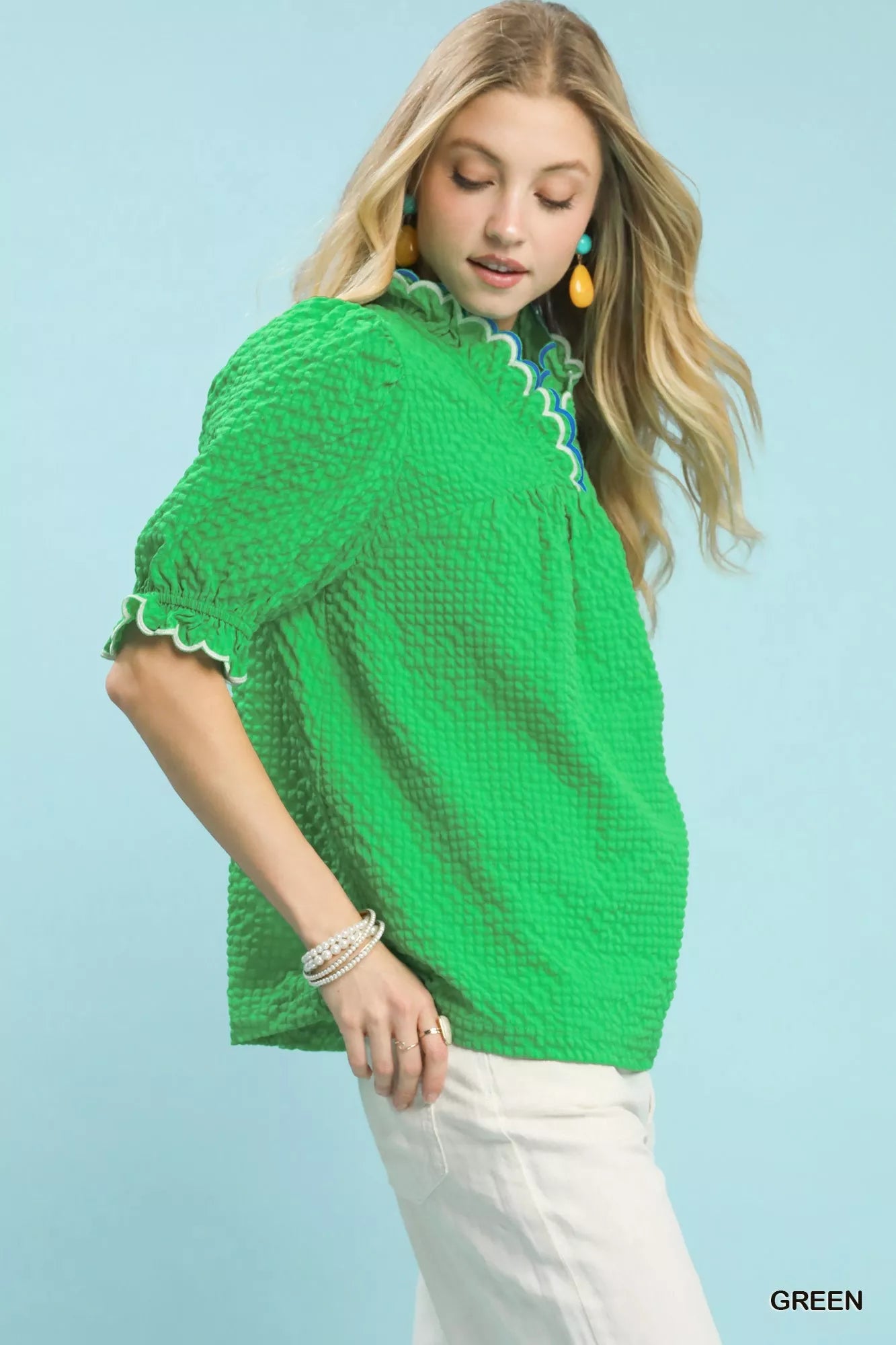Umgee Textured Puff Sleeve Top with Scalloped Trim
