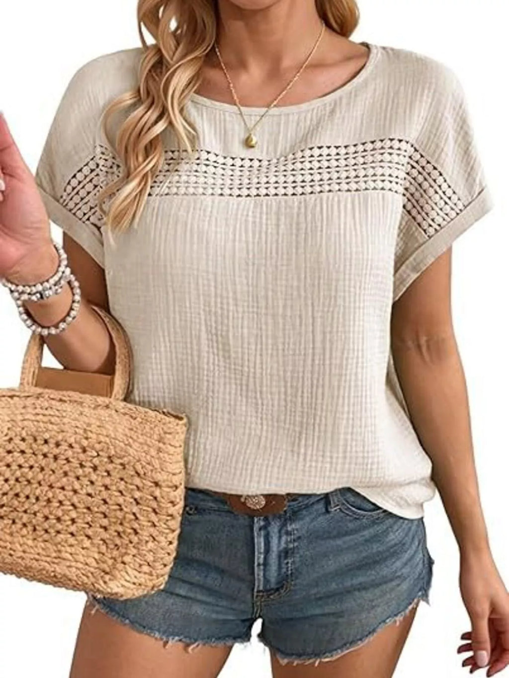 Lace Trimmed Short Sleeve Blouse