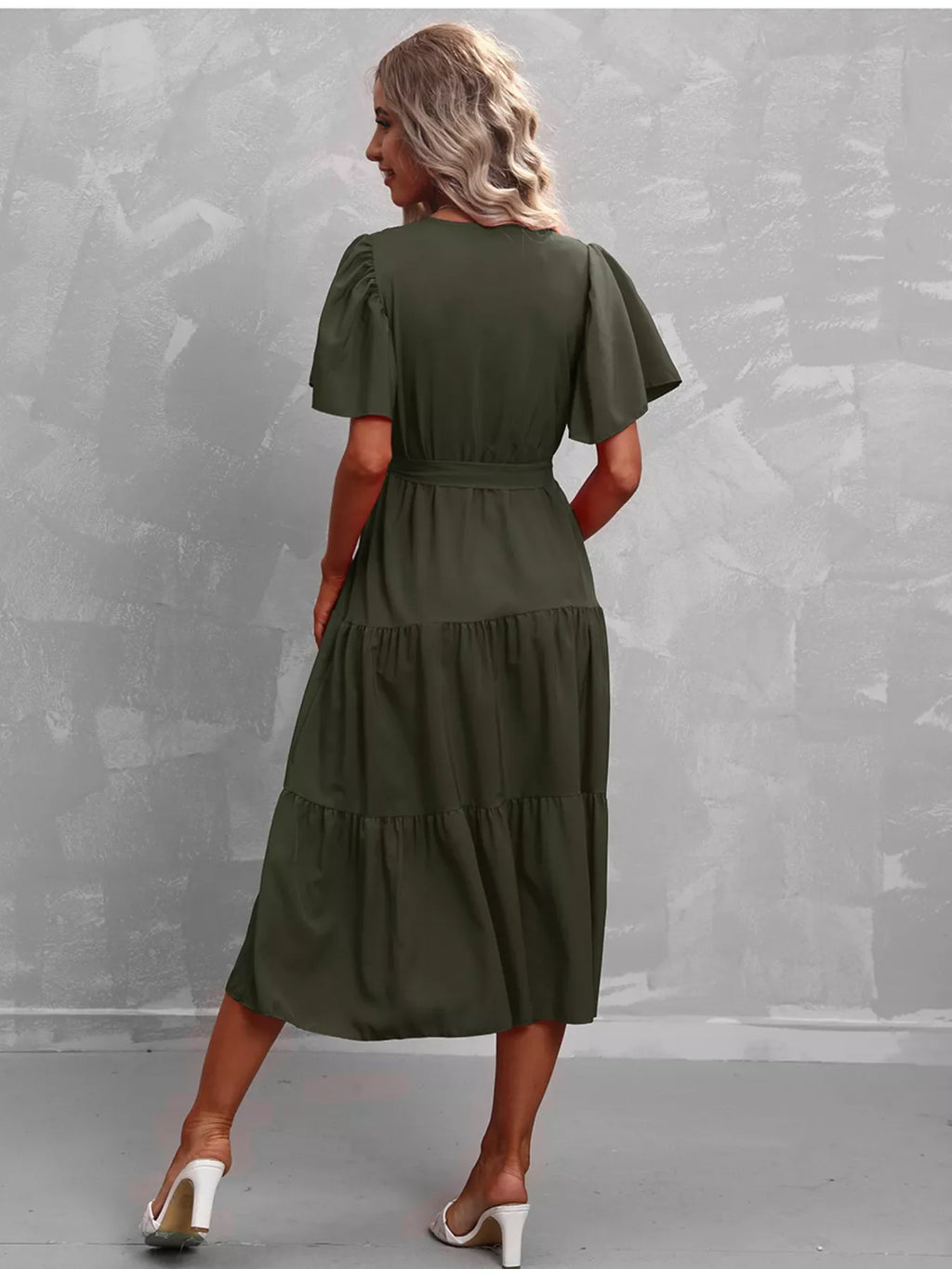 Flutter Sleeve Tiered Midi Dress