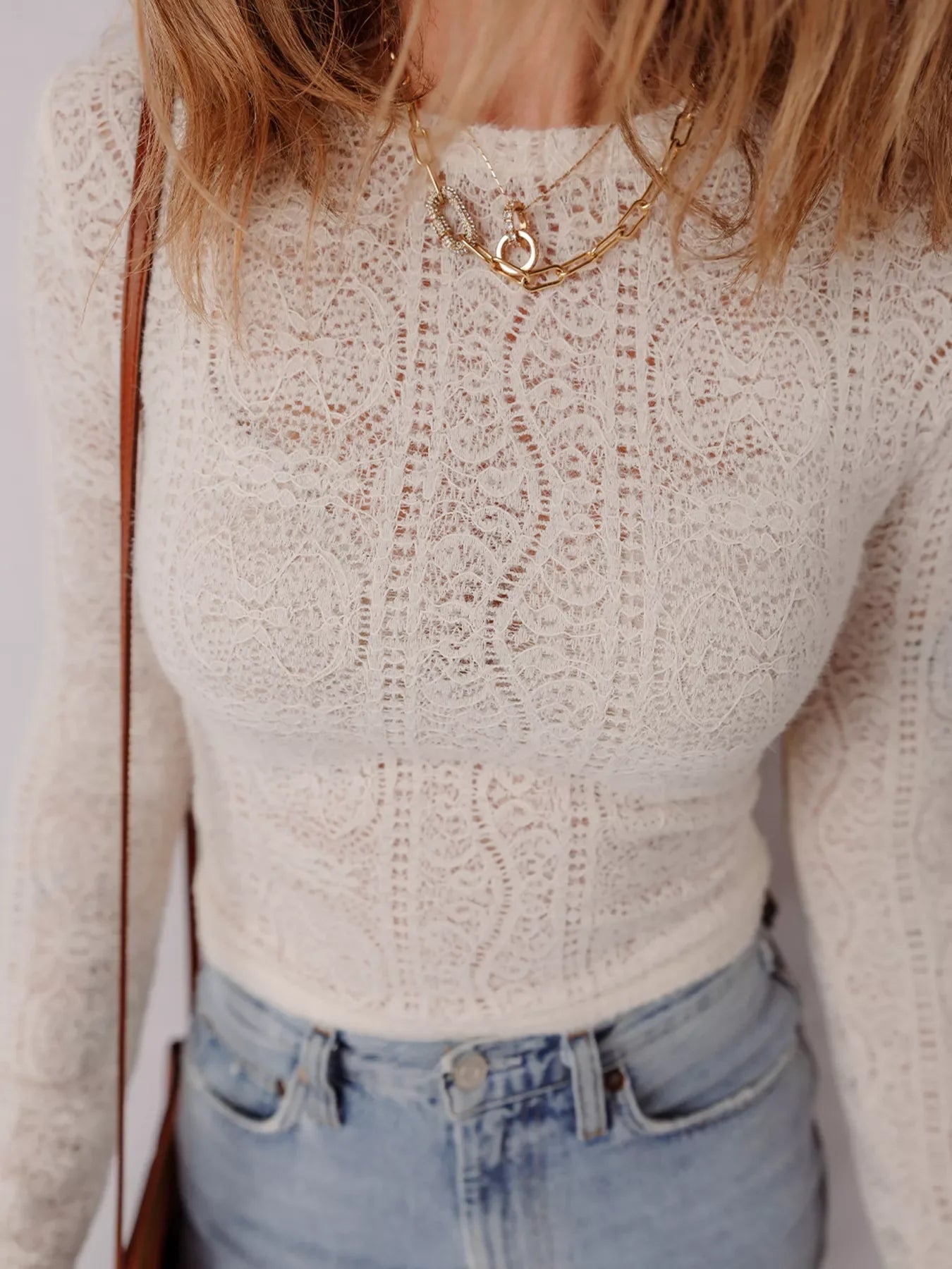 Sheer Lace Long Sleeve Cropped Top