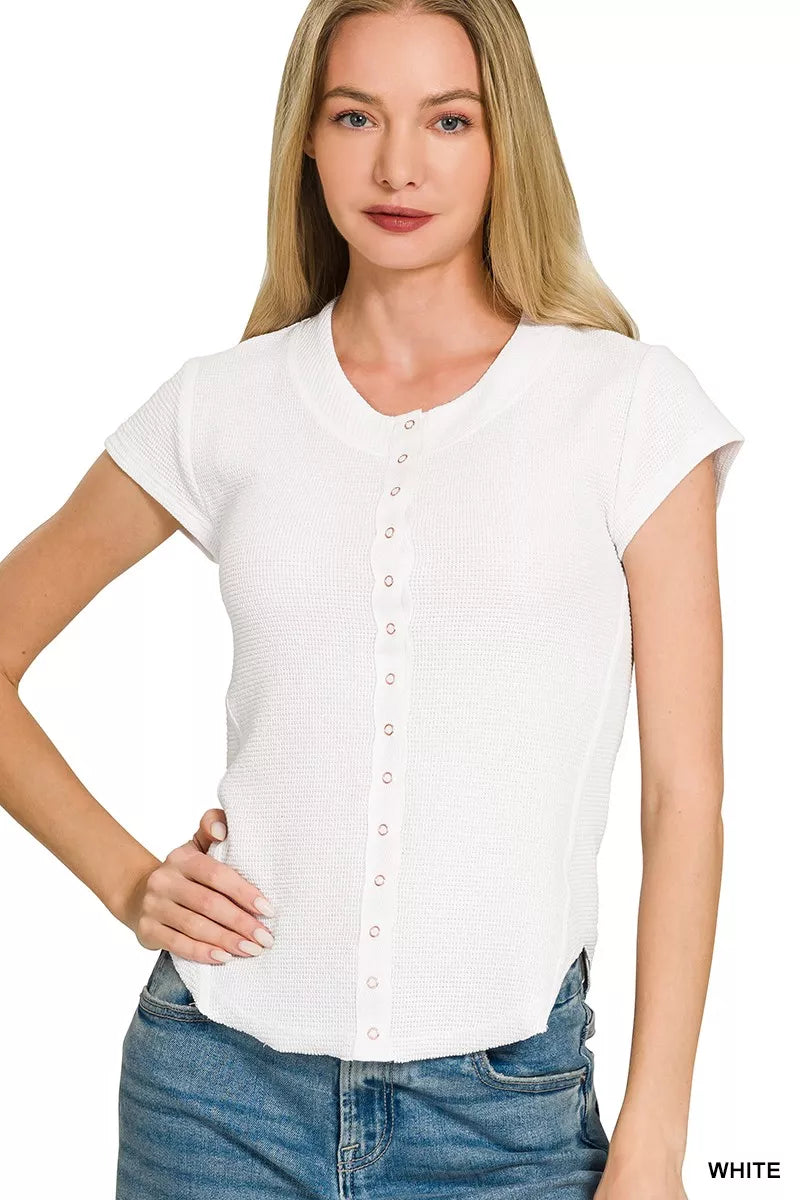 Zenana Double Knit Snap Button Short Sleeve Shirt