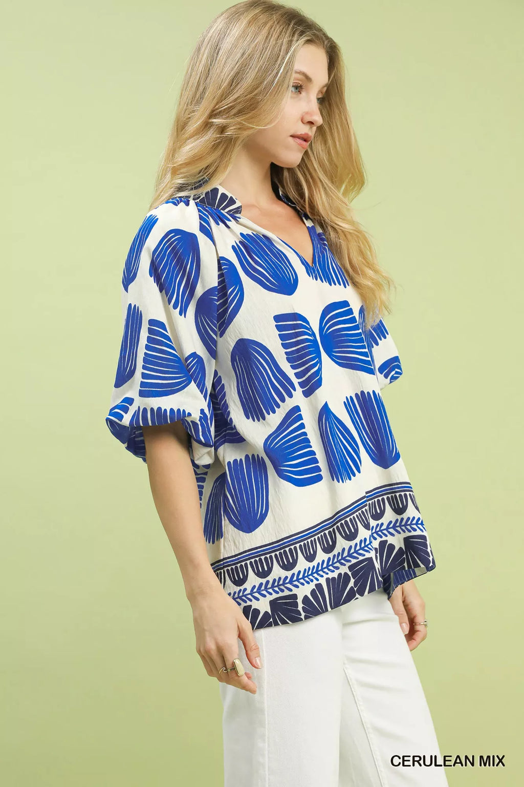 Umgee Shell Block Border Print Puff Sleeve Blouse