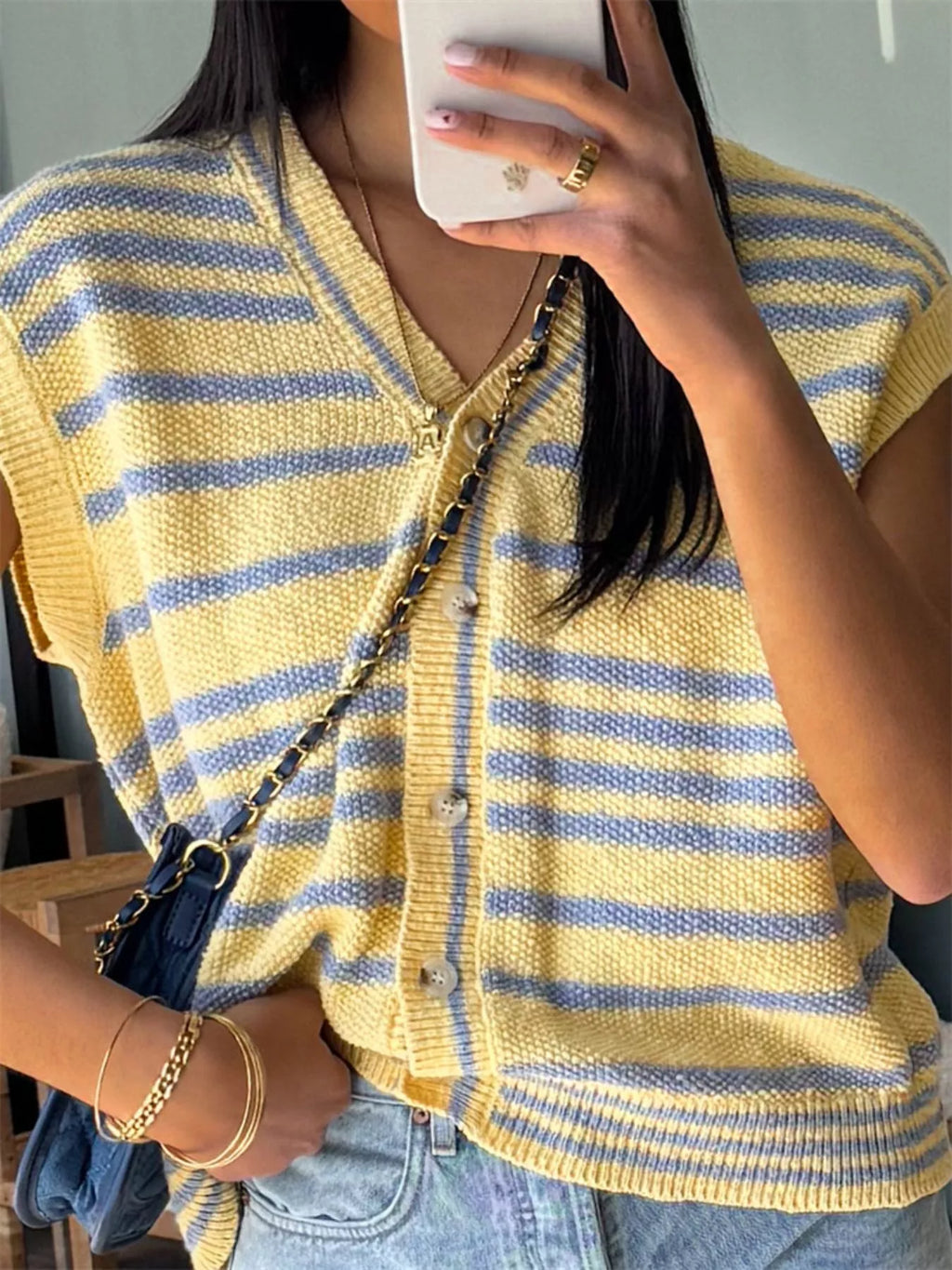 Striped Knit Button Up Cap Sleeve Cardigan