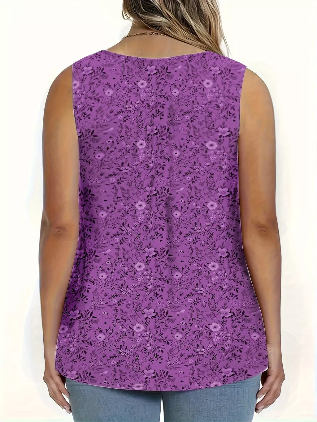 Full Size Floral Print Button Detail Tank Plus Size