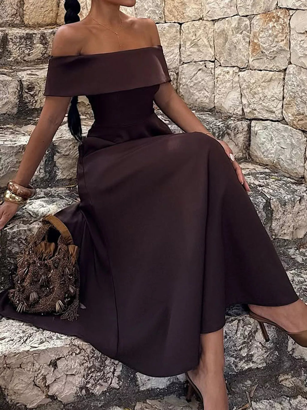 Off-Shoulder A-Line Maxi Dress