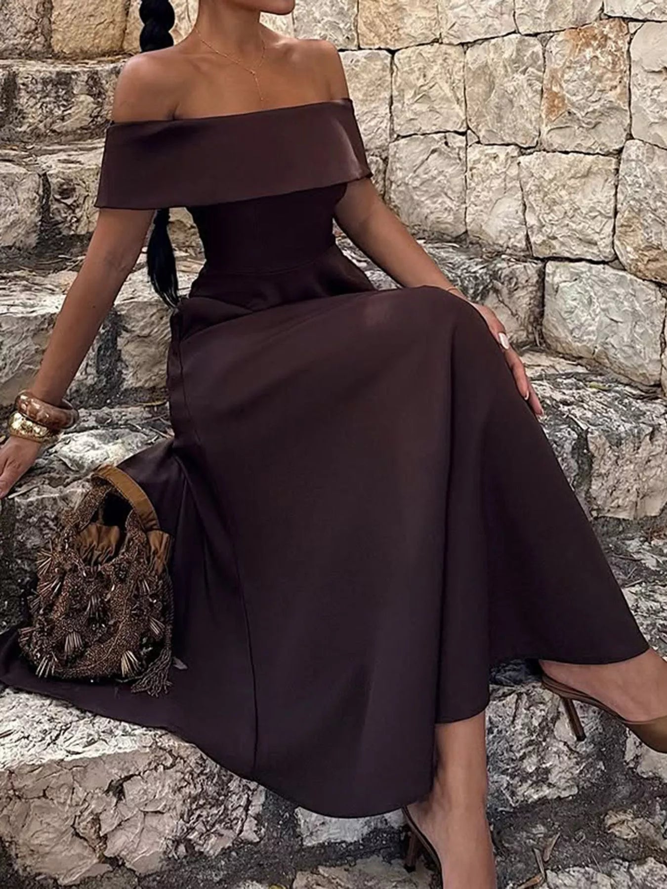 Off-Shoulder A-Line Maxi Dress