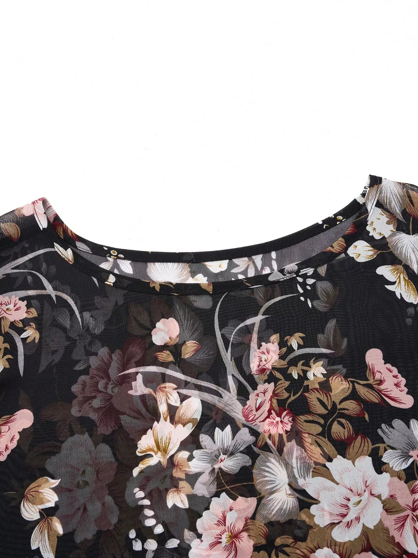 Sheer Floral Print Round Neck Blouse