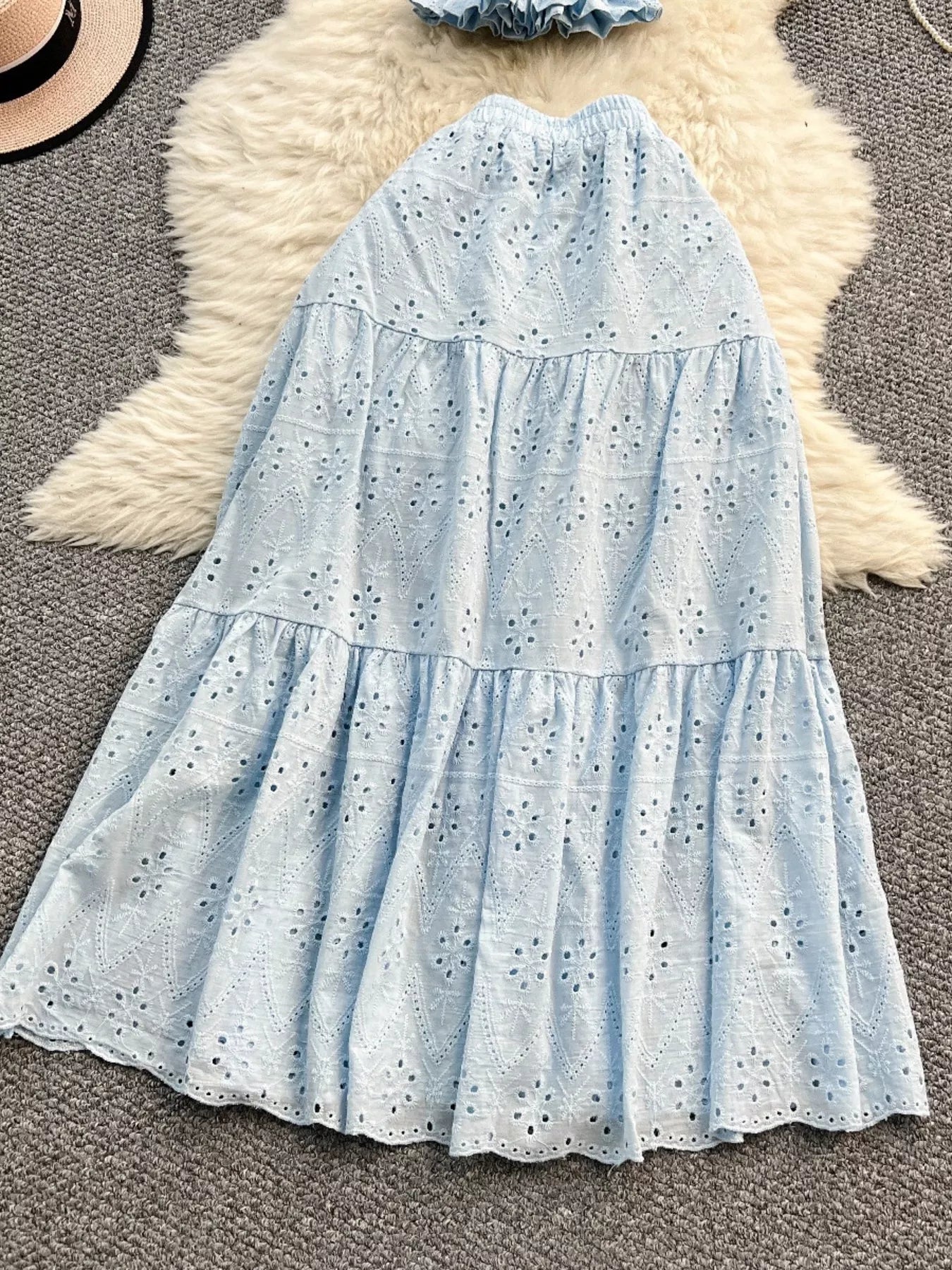 Smocked Crop Top and Hollow-Out Skirt Set