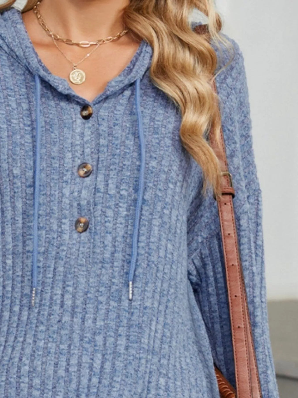 Casual Ribbed Knit Button Detail Hoodie