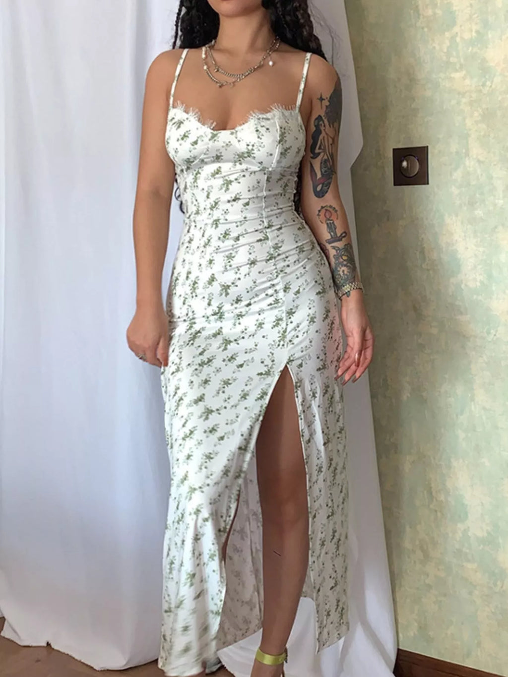 Floral Print Lace Trim Slit Midi Dress