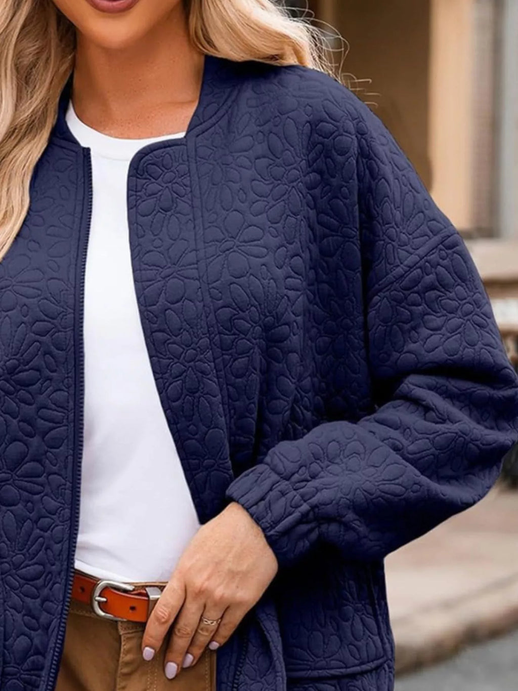 Full Size Floral Quilted Zip Up Jacket Plus Size