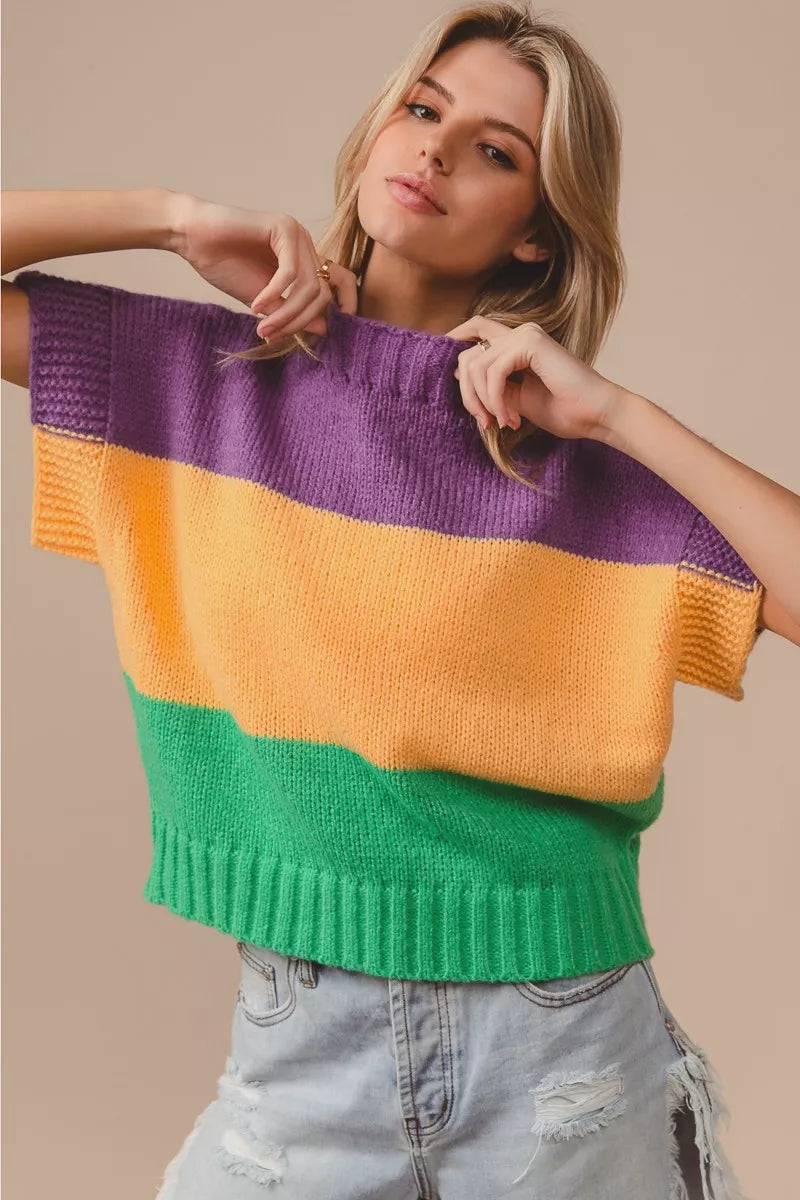 BiBi Mardi Gras Color Block Drop Shoulder Sweater Top