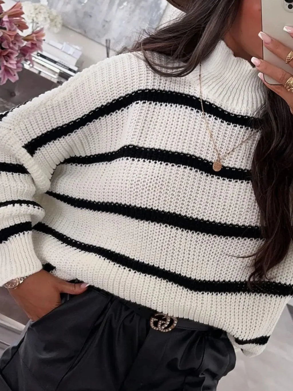 Striped Turtleneck Long Sleeve Sweater