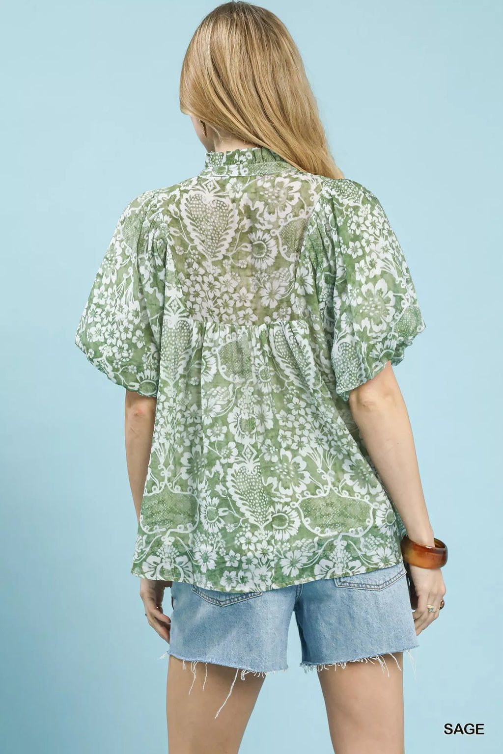Umgee Abstract Print Ruffled Puff Sleeve Top