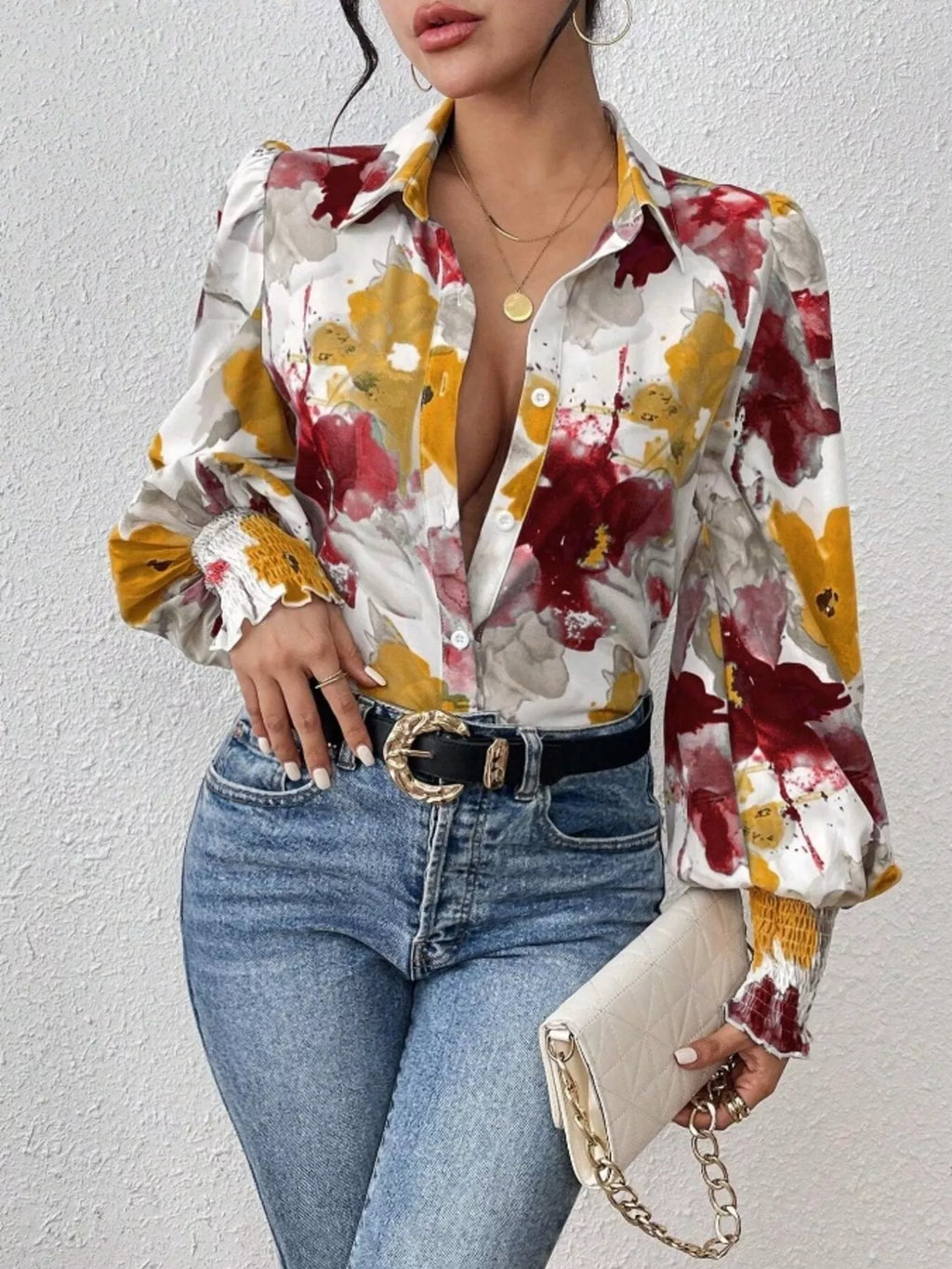 Printed Button Up Lantern Sleeve Shirt