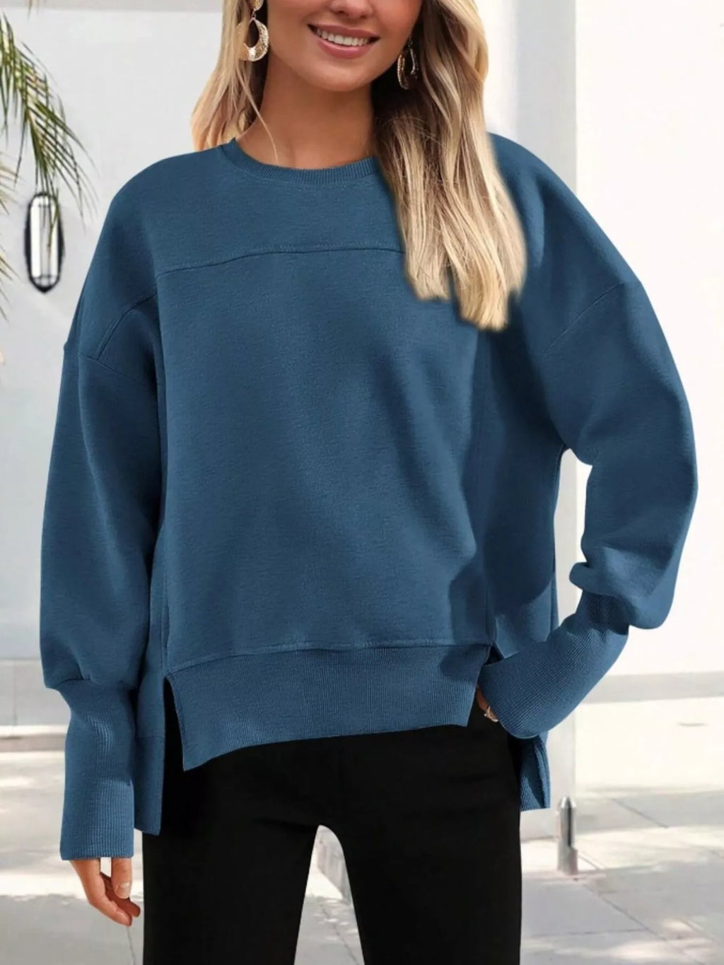 Slit Round Neck Dropped Shoulder Sweatshirt