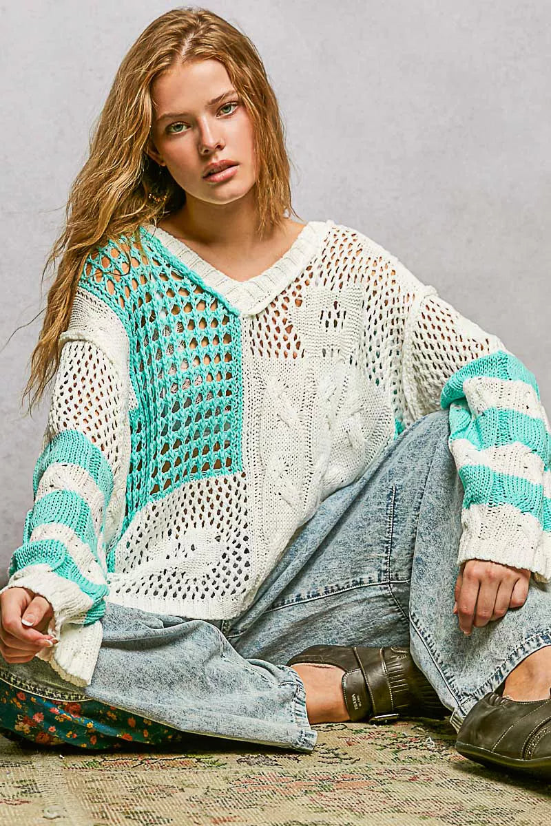 POL Color-Blocked Stripe Pattern Knit Top with Twisted Weave
