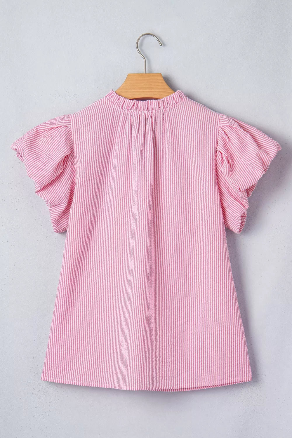 Stripe Short Bubble Sleeve Split V Neck Blouse