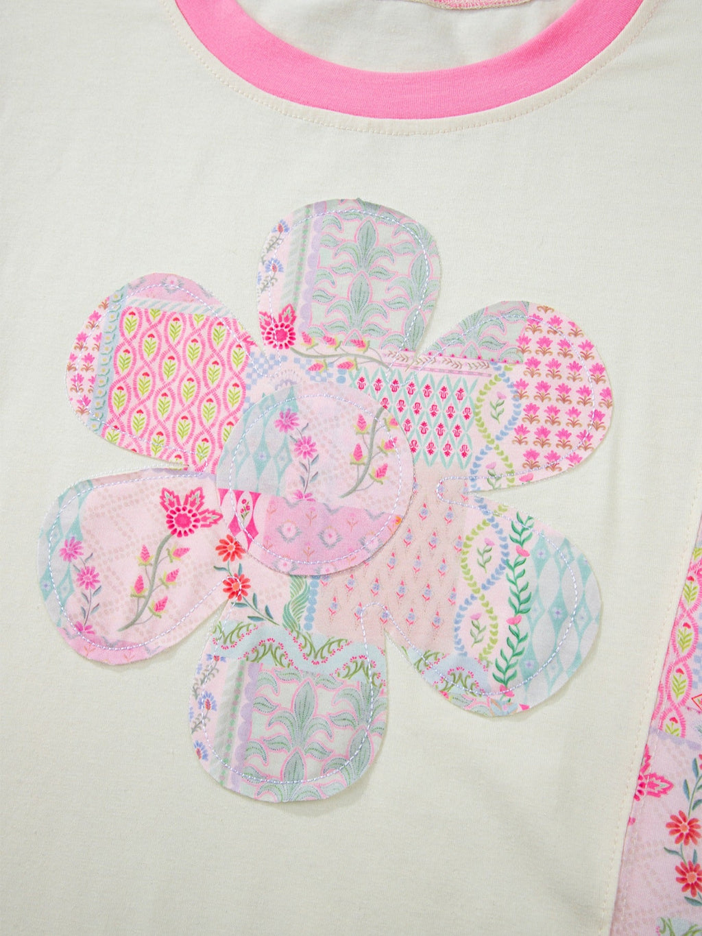 Color Block Floral Patchwork Big Flower Accent Relaxed Top