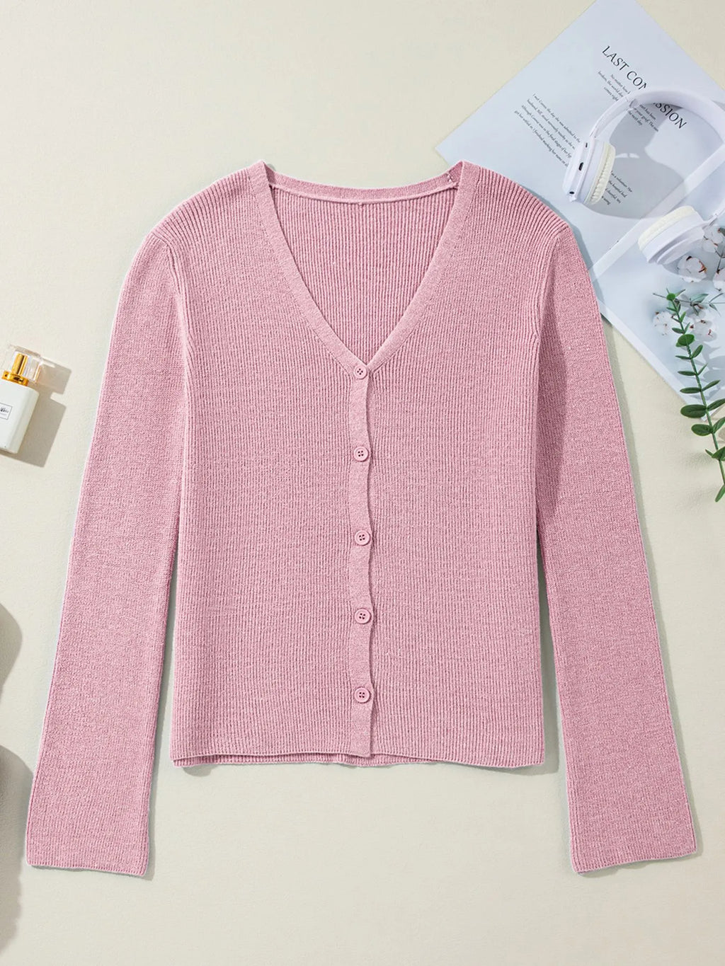 Ribbed Knit Button Front V Neck Cardigan