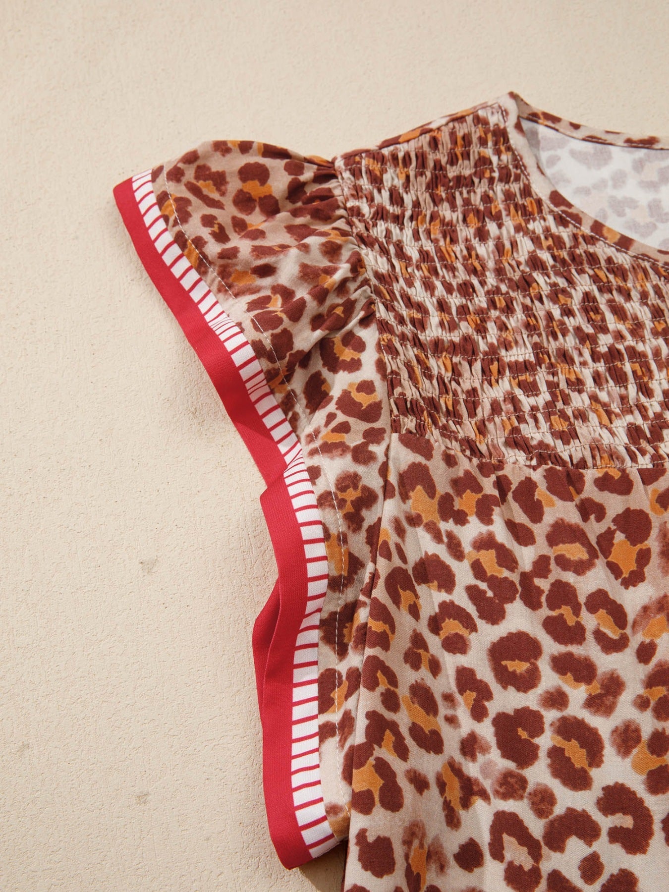 Leopard Print Smocked Notched Blouse