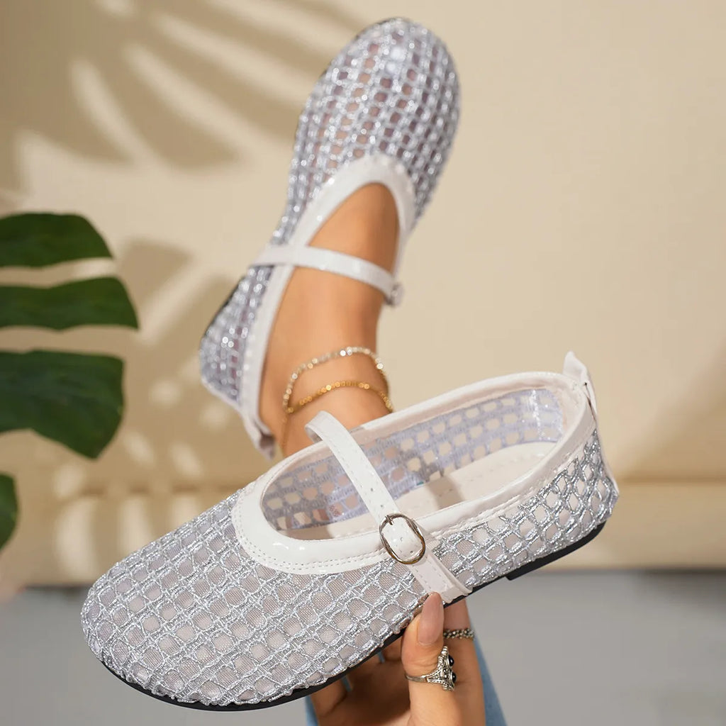 Woven Mesh Mary Jane Sandals with Buckle Strap