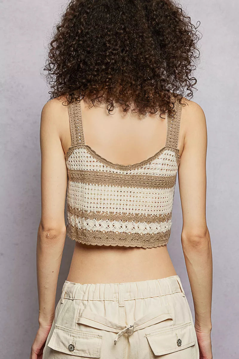 POL Floral Embroidered Cropped Crochet Cami with Scalloped Hem