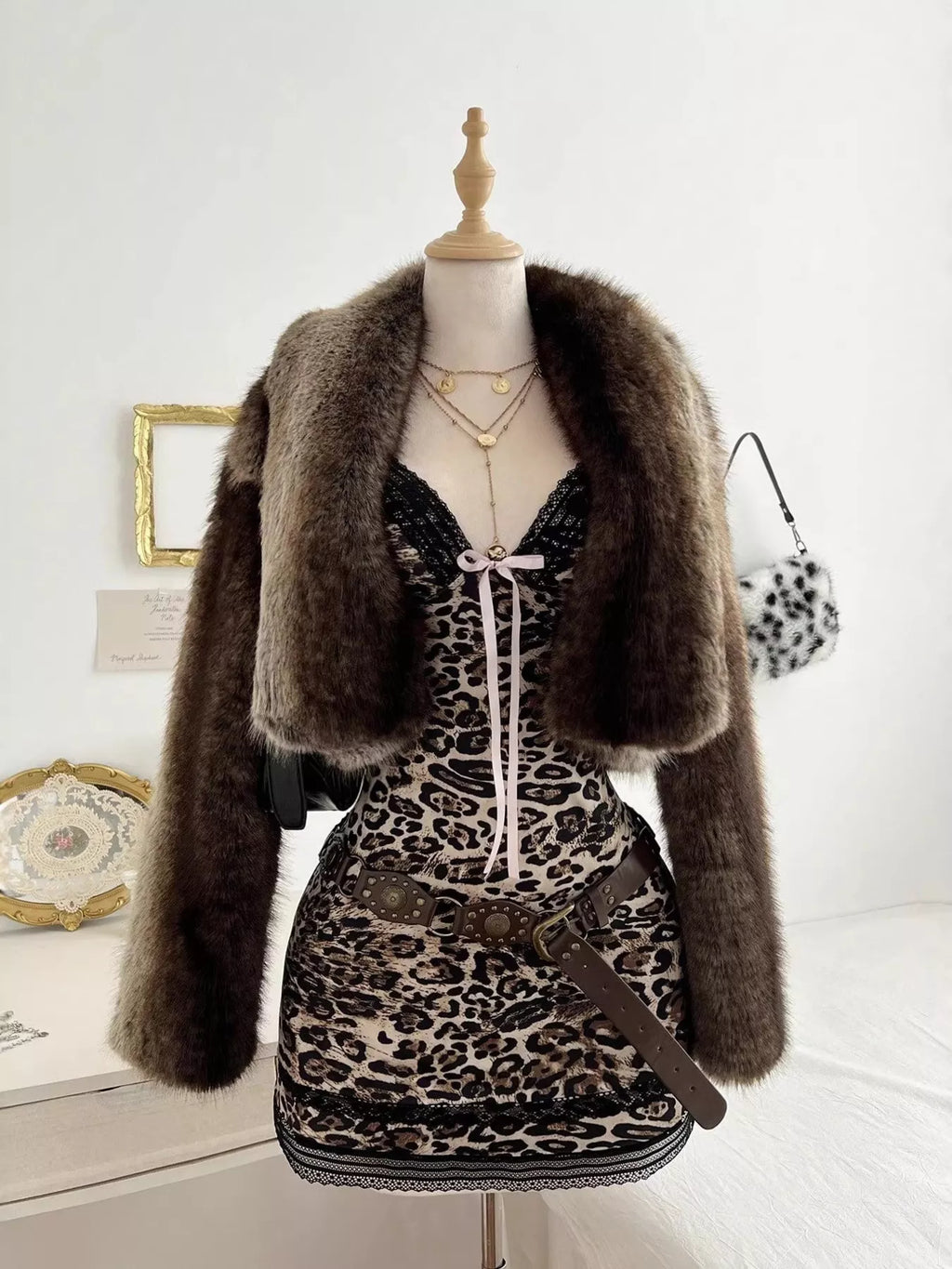 Leopard Print Lace Trim Mini Dress