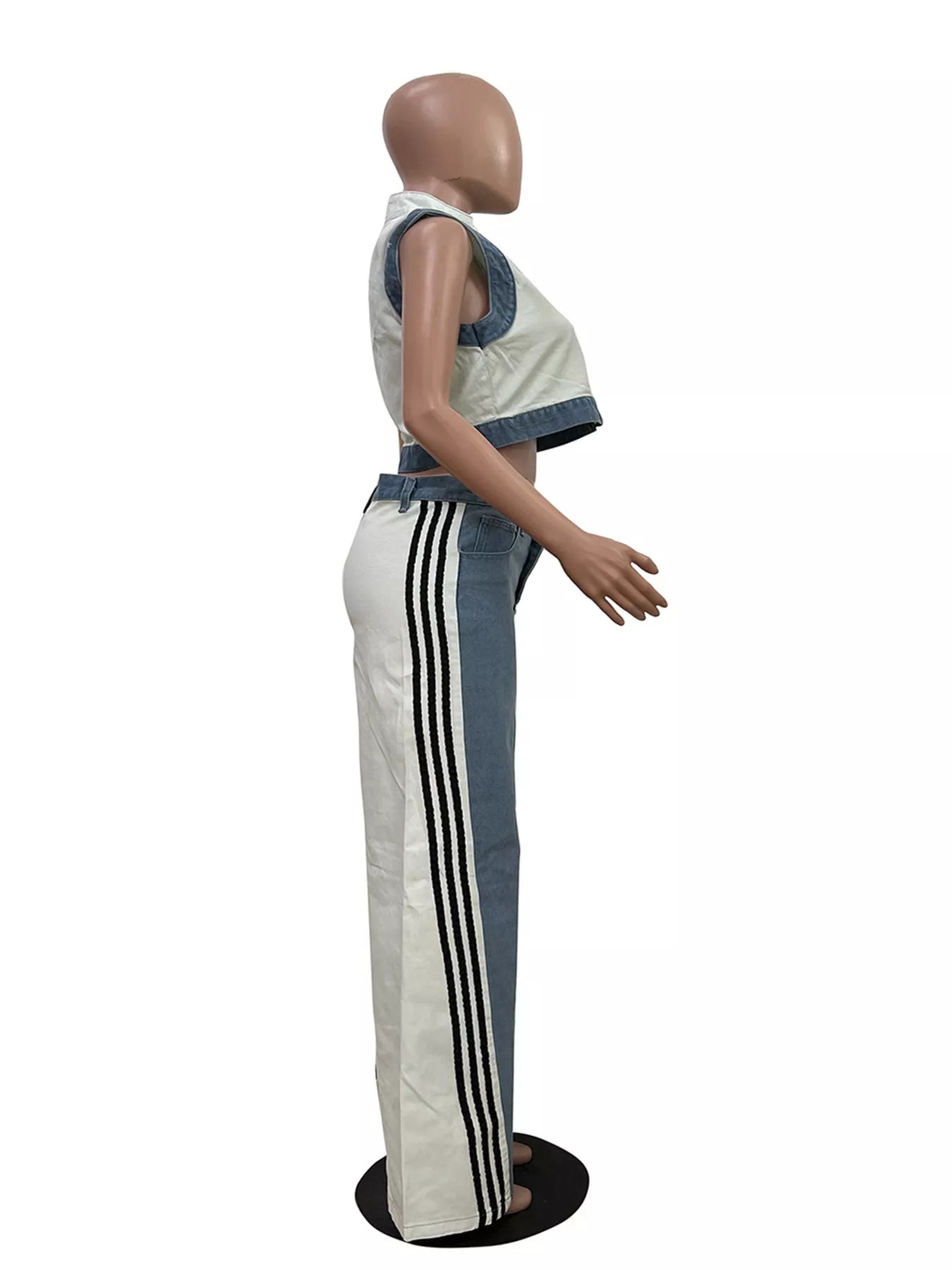 Zip Front Crop Top and Striped Pants Set