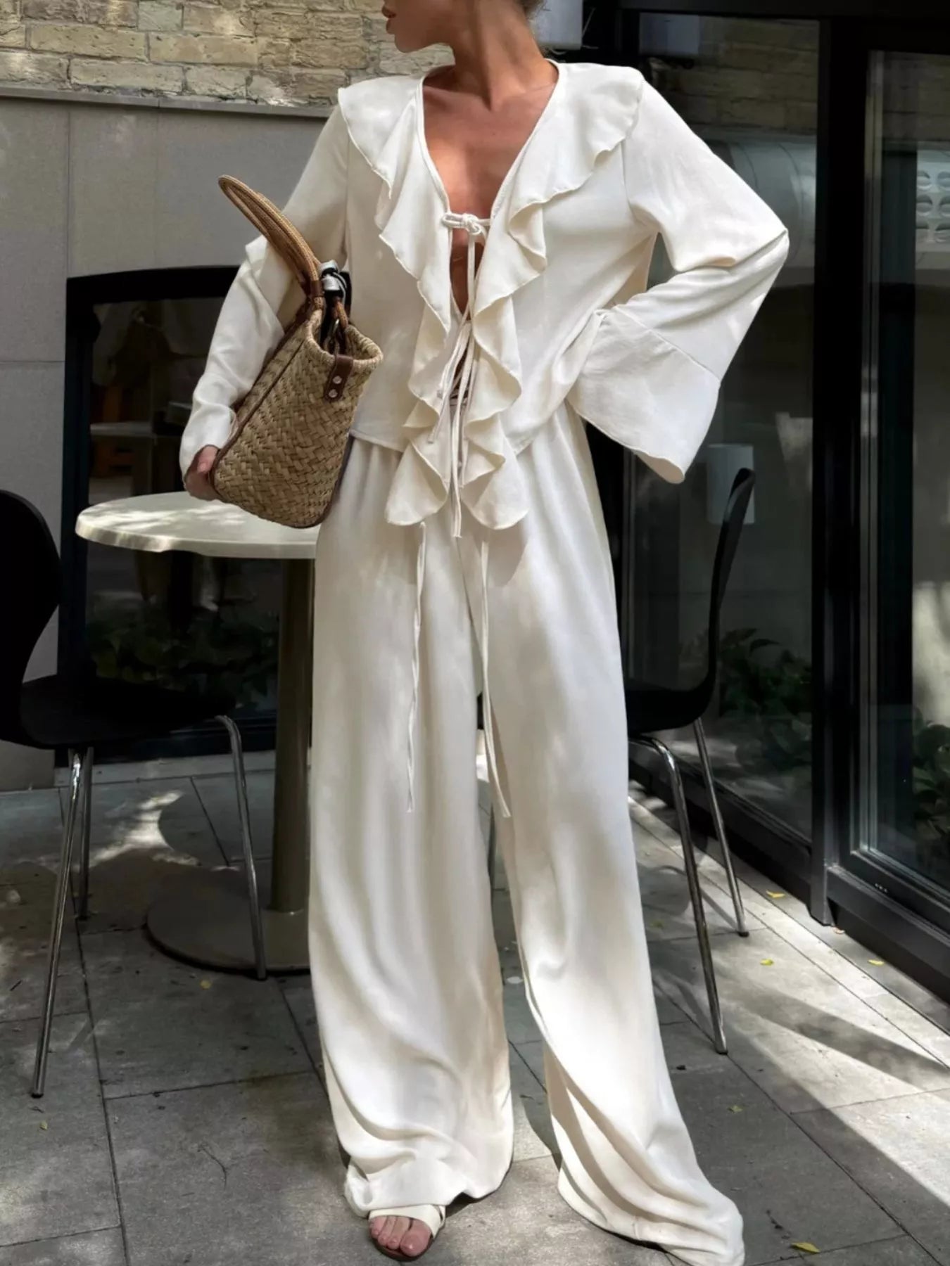 Ruffle Trim Tie Front Top and Pants Set