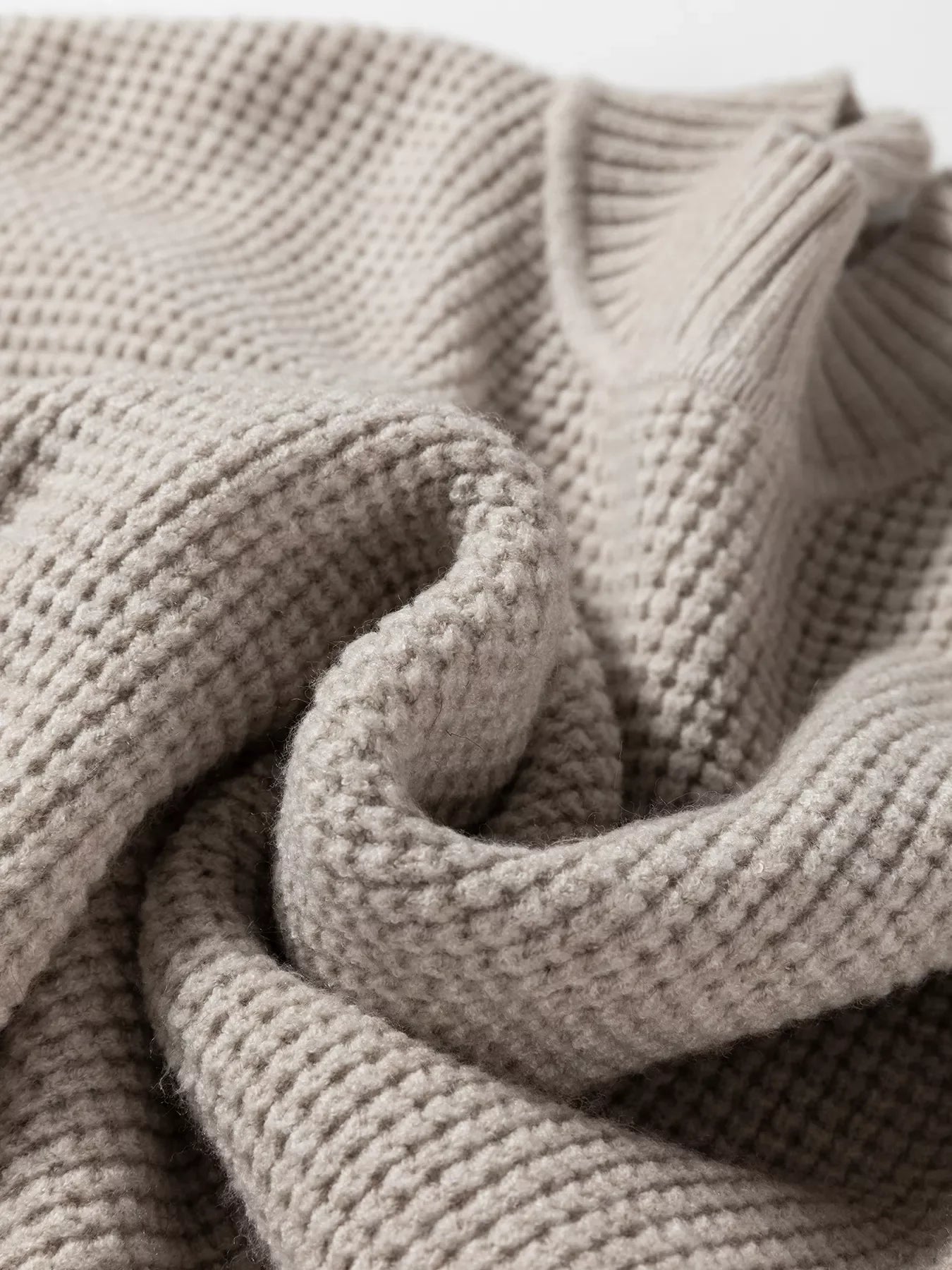 Waffle Texture Knit Ribbed High Neck Drop Shoulder Sweater