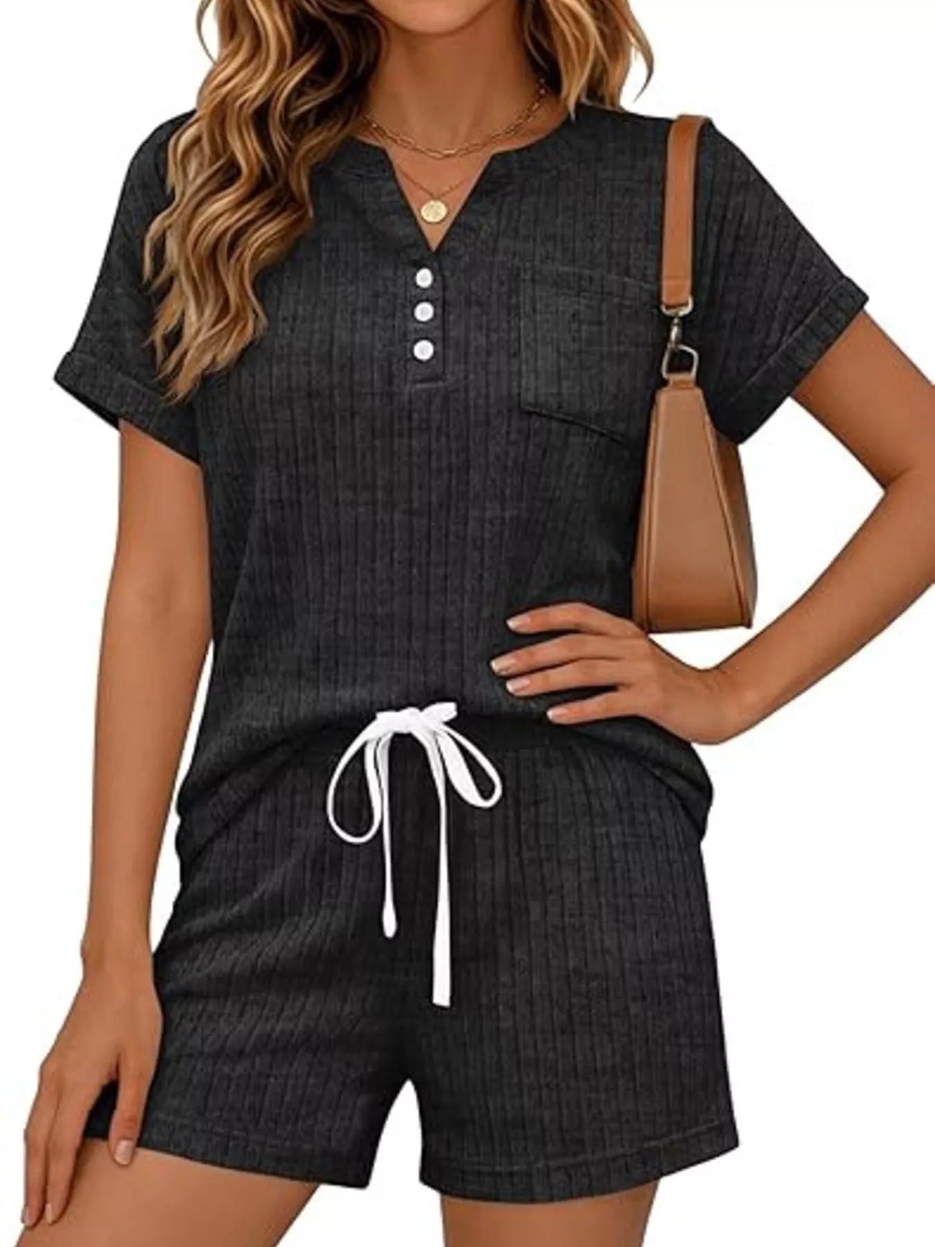Casual Ribbed Knit Tee and Shorts Set