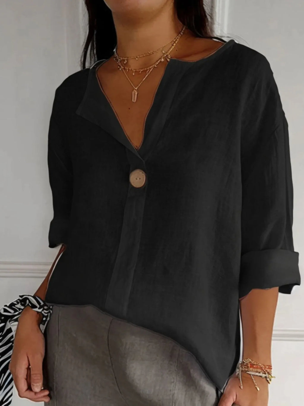 Full Size Linen Blend Notched Blouse Plus Size