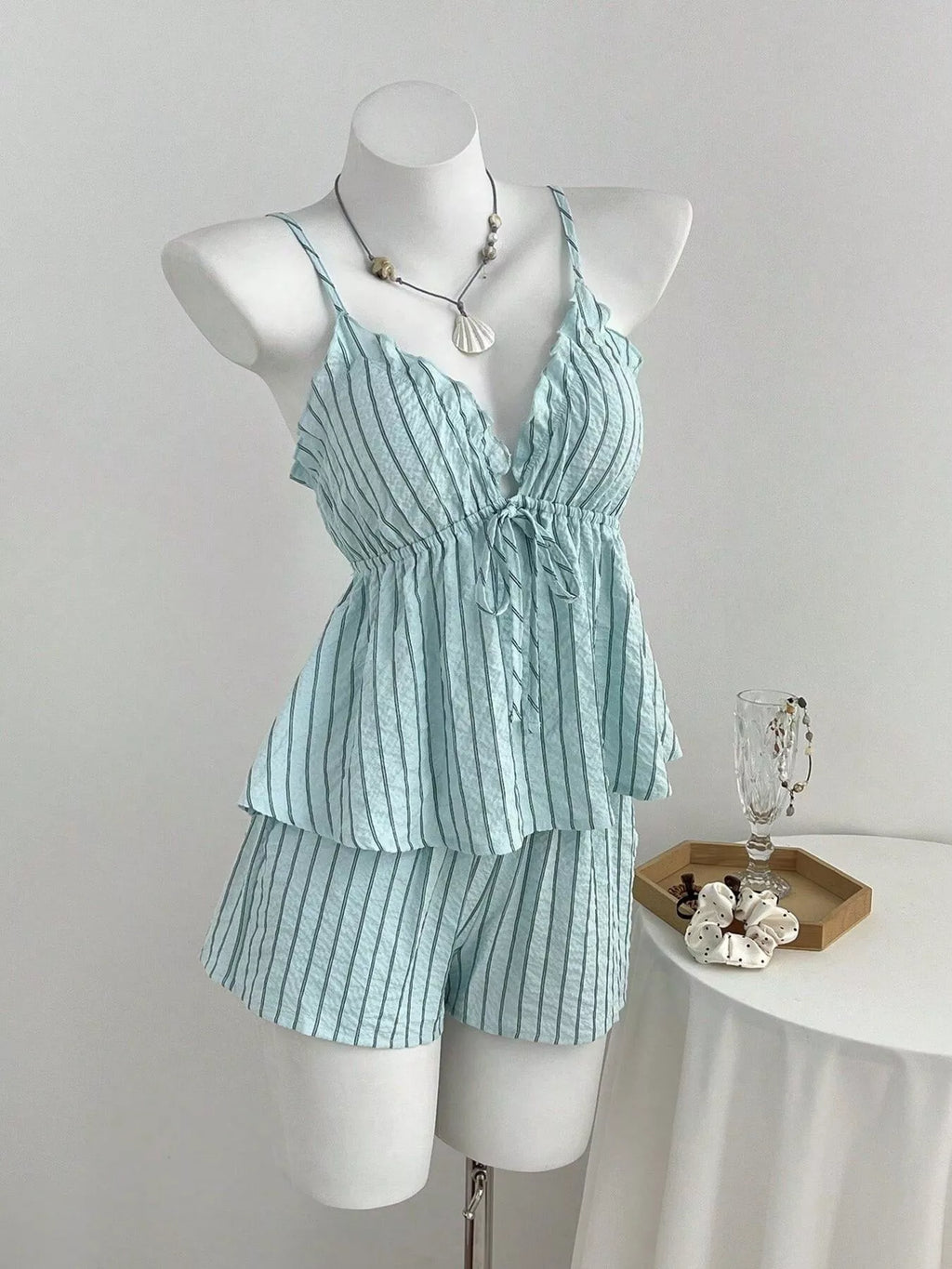 Tie Front Striped Cami and Shorts Set