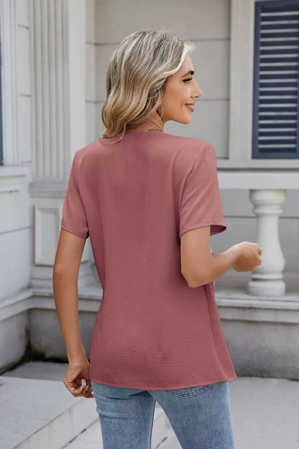 Solid Color Surplice Short Sleeve Blouse