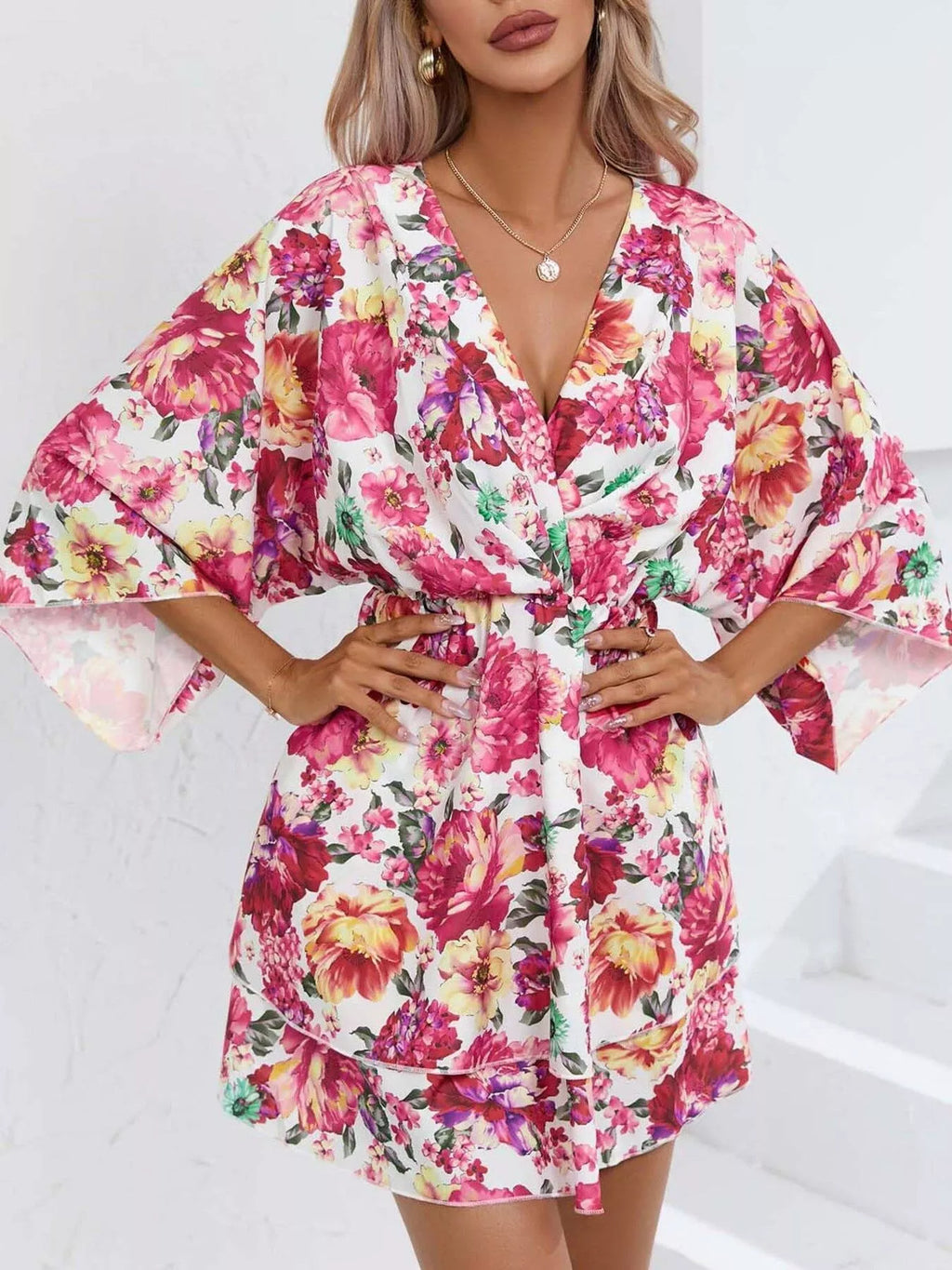 Floral Print Layered Ruffle Hem Mini Dress