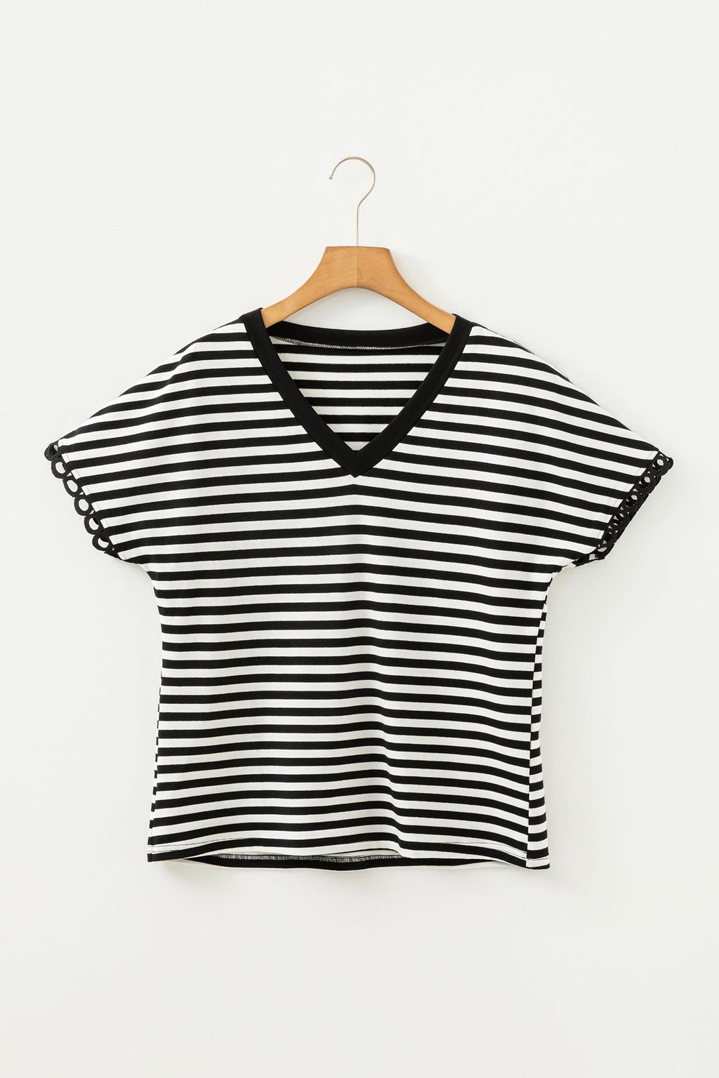 Stripe V-Neck Lace Trim Short Sleeve Tee