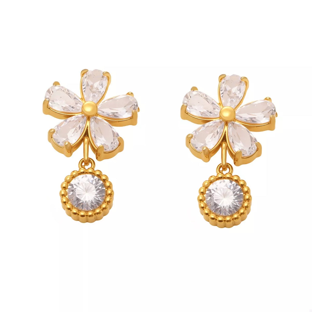 18K Gold-Plated Stainless Steel Zircon Flower Drop Earrings
