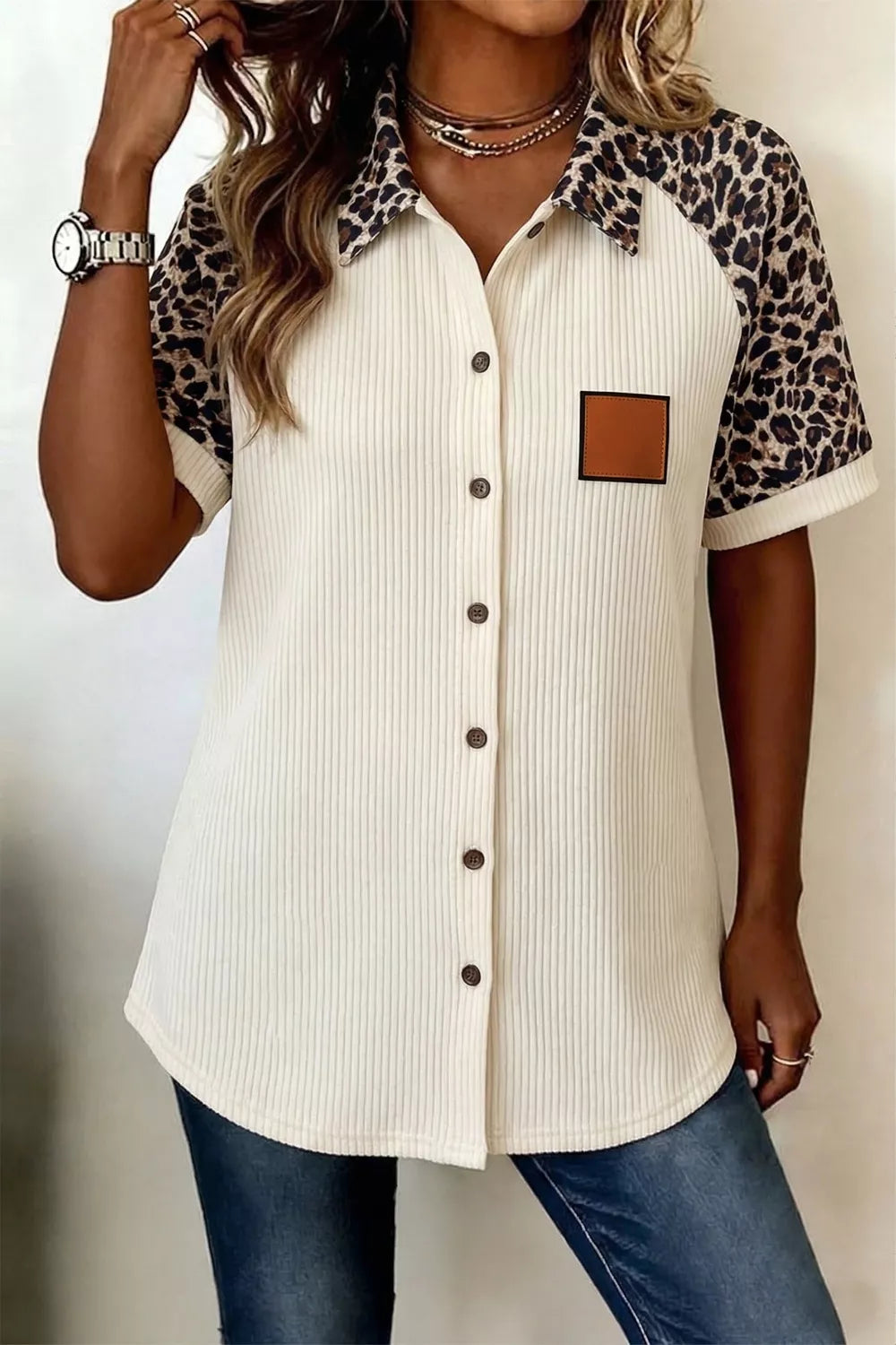 Ribbed Texture Button Down Leopard Patchwork Short Sleeve Shirt