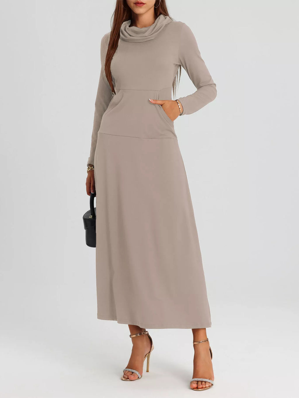 Cowl Neck Long Sleeve Midi Dress