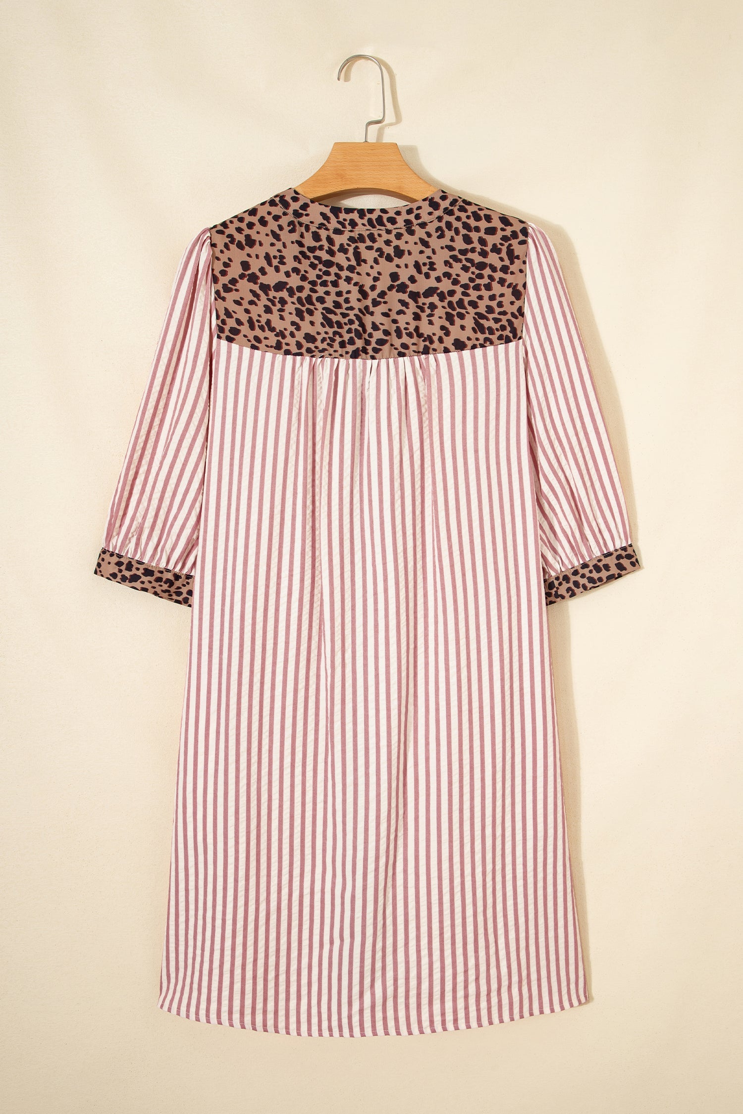 Stripe Leopard Trim 3/4 Sleeve Shirt Dress