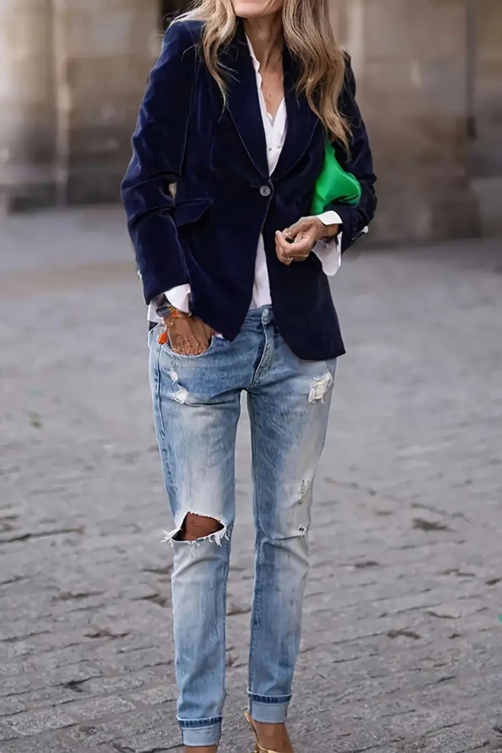 One-Button Lapel Collar Long Sleeve Blazer for Women