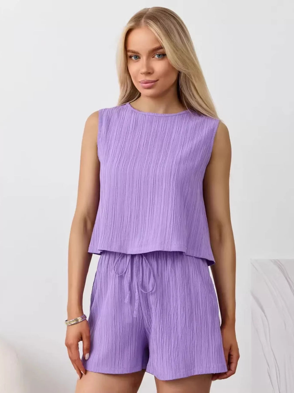 Textured Round Neck Tank and Shorts Set