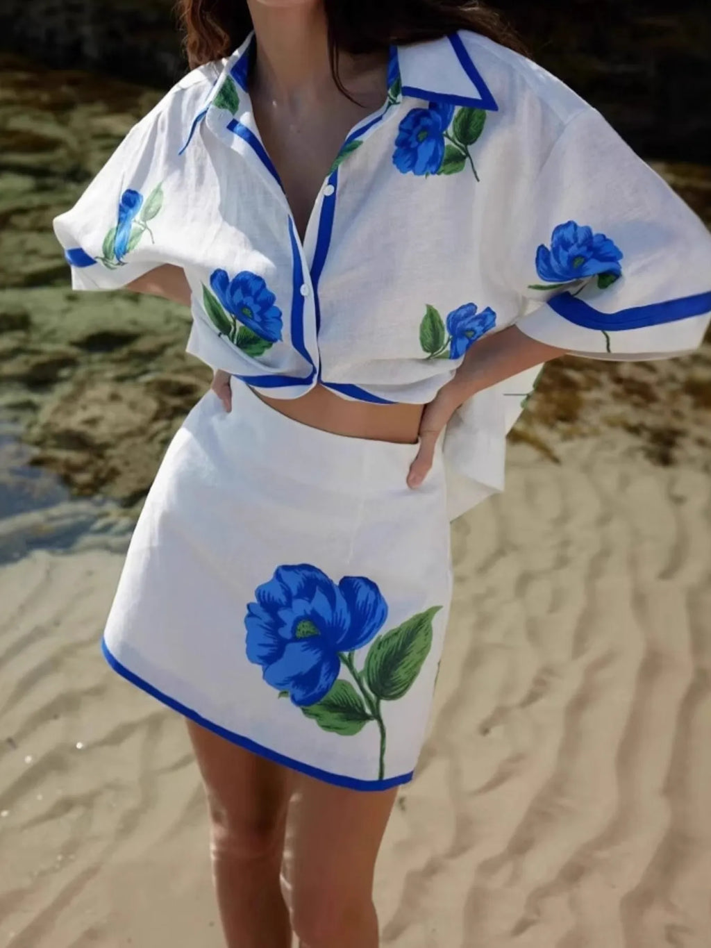 Floral Print Button-Up Shirt and Mini Skirt Set
