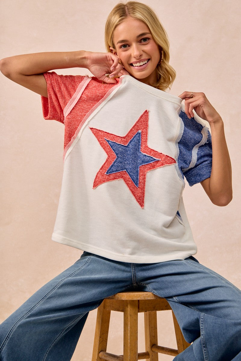BiBi Contrast French Terry Cut Edge Detail Fourth Of July Theme T-Shirt