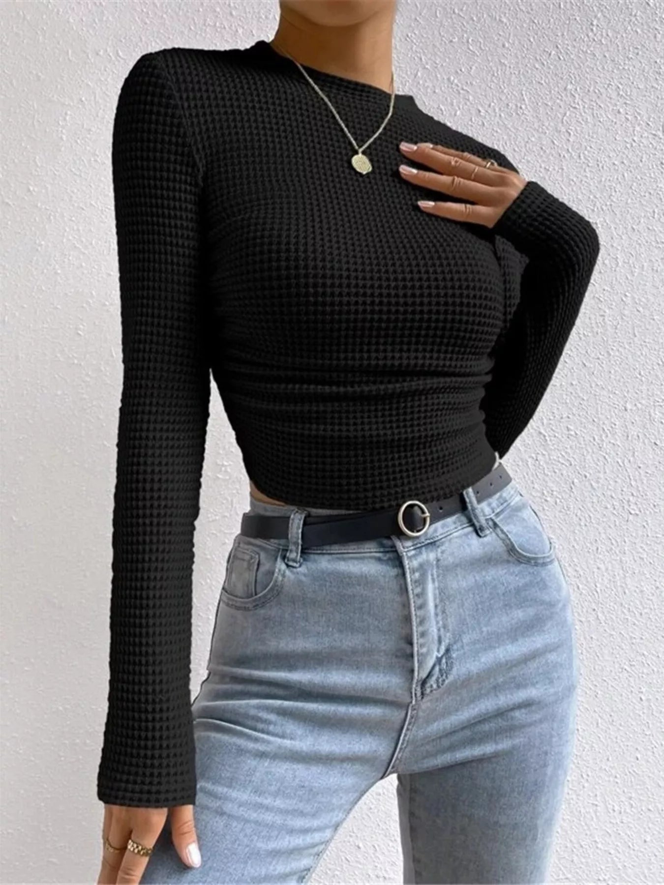 Waffle Knit Long Sleeve T-Shirt