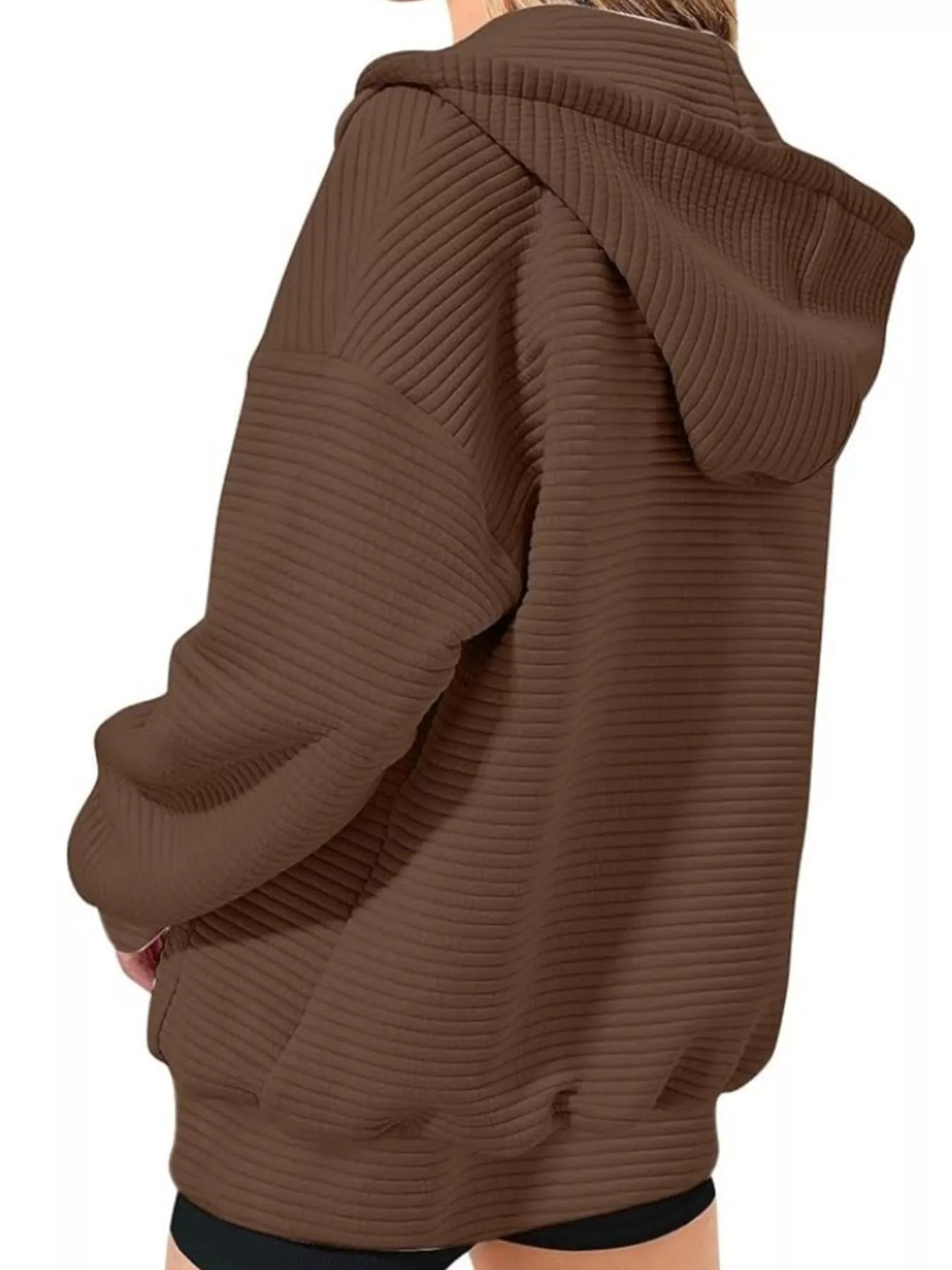 Drawstring Zip Up Dropped Shoulder Hoodie